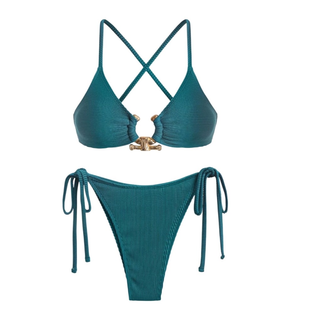 NWT! Zaful Teal Ribbed Bikini Set Gold Hardware Side Tie‎ High Cut Swimsuit